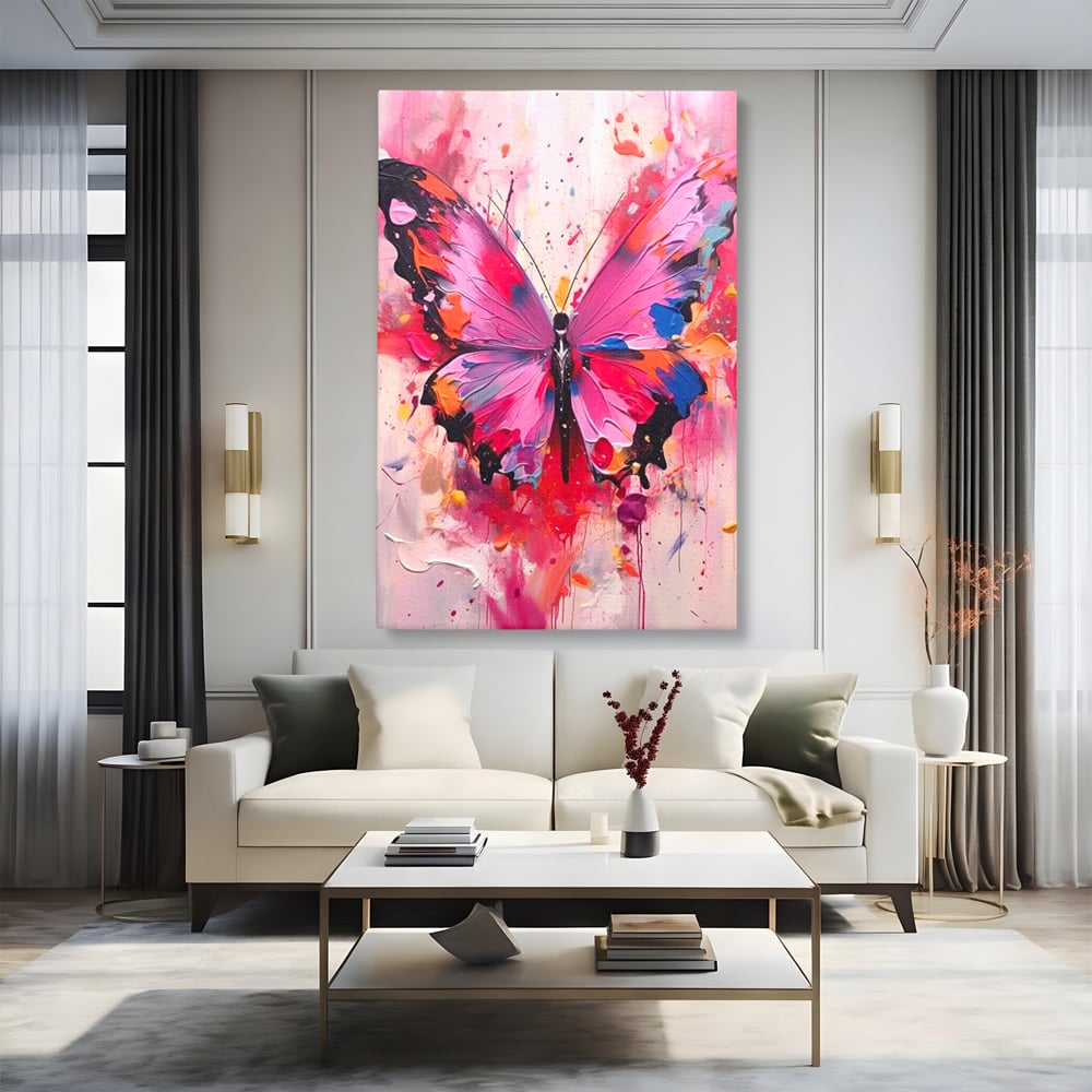 Tablou canvas cu pictura digitala cu fluture roz, fara rama, pe sasiu de lemn, pe perete intr-un living